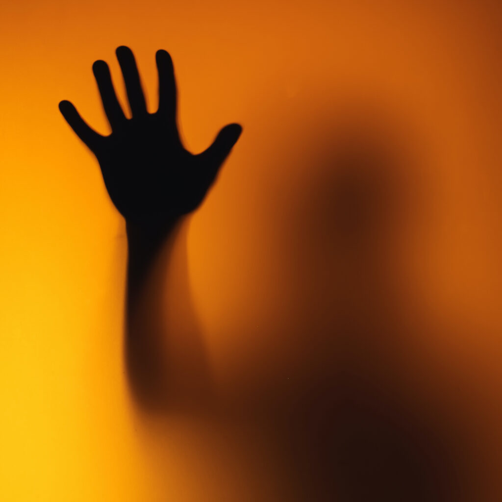 Schatten einer Person hinter einer Glaswand, Symbolbild zur Podcast-Reihe „Narben der Wirklichkeit“