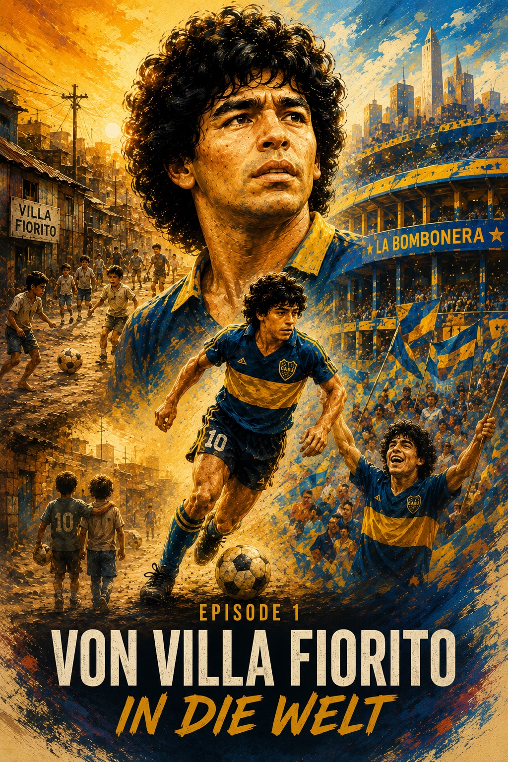 Der junge Diego Maradona vor Motiven aus seiner Kindheit und den Anfängen seiner Karriere.
