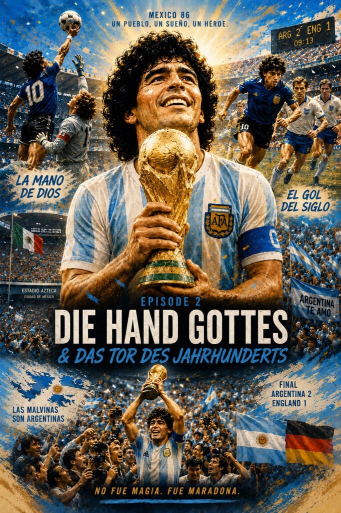 Diego Maradona feiert den Gewinn der Fußball-Weltmeisterschaft 1986. Zu sehen sind die Hand Gottes, das Tor des Jahrhunderts und Szenen des Viertelfinales zwischen Argentinien und England.