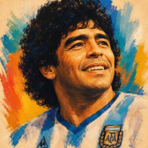 Künstlerisches Porträt von Diego Maradona vor farbenfrohem Hintergrund.