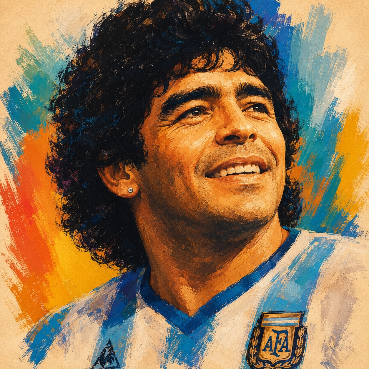 Künstlerisches Porträt von Diego Maradona vor farbenfrohem Hintergrund.