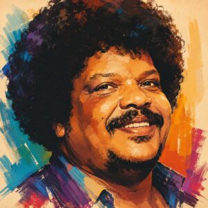 Porträt von Tim Maia vor einer farbenfrohen Kulisse im Stil brasilianischer Soul- und Funkmusik.