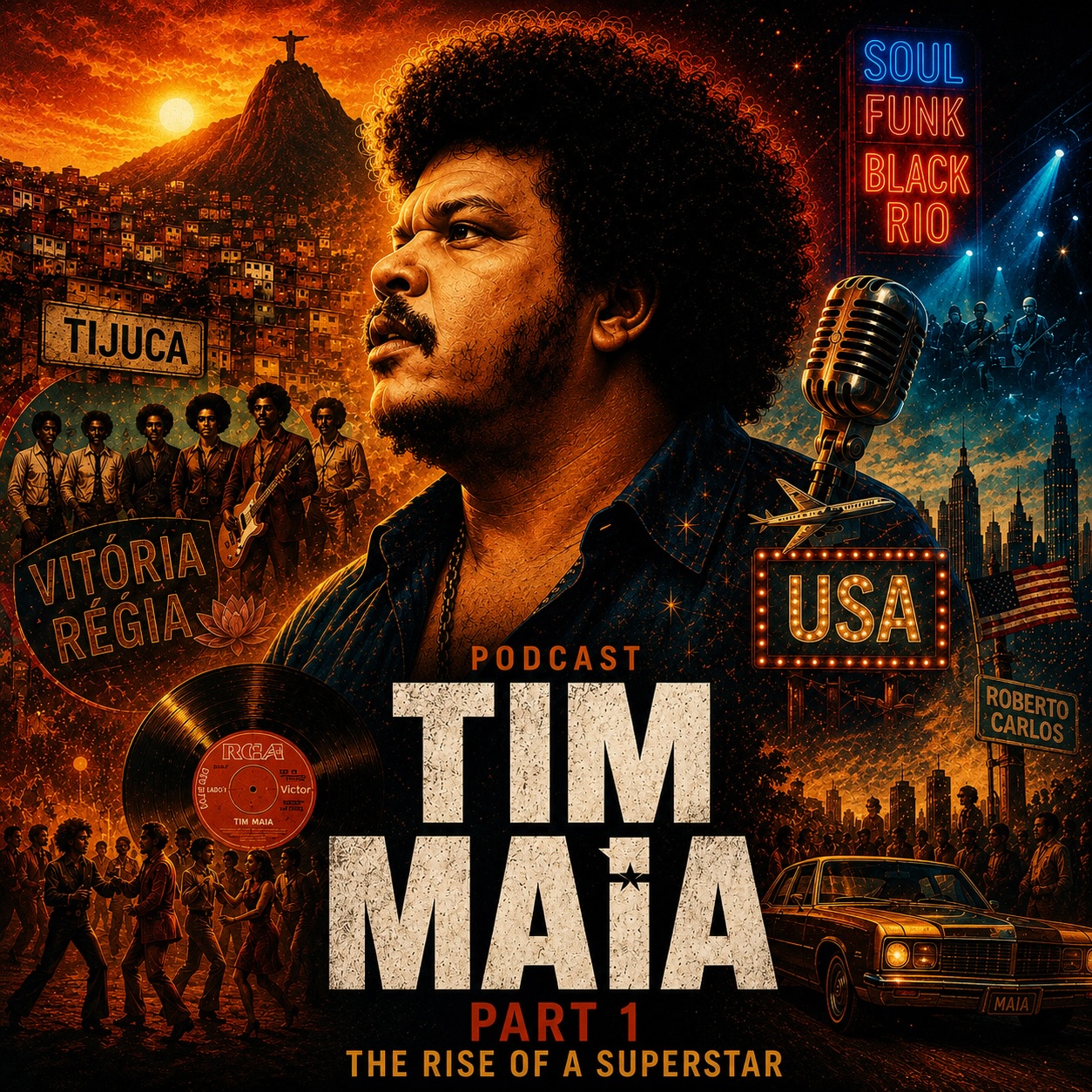 Tim Maia während seiner frühen Karriere, umgeben von Motiven aus Rio de Janeiro und den USA.
